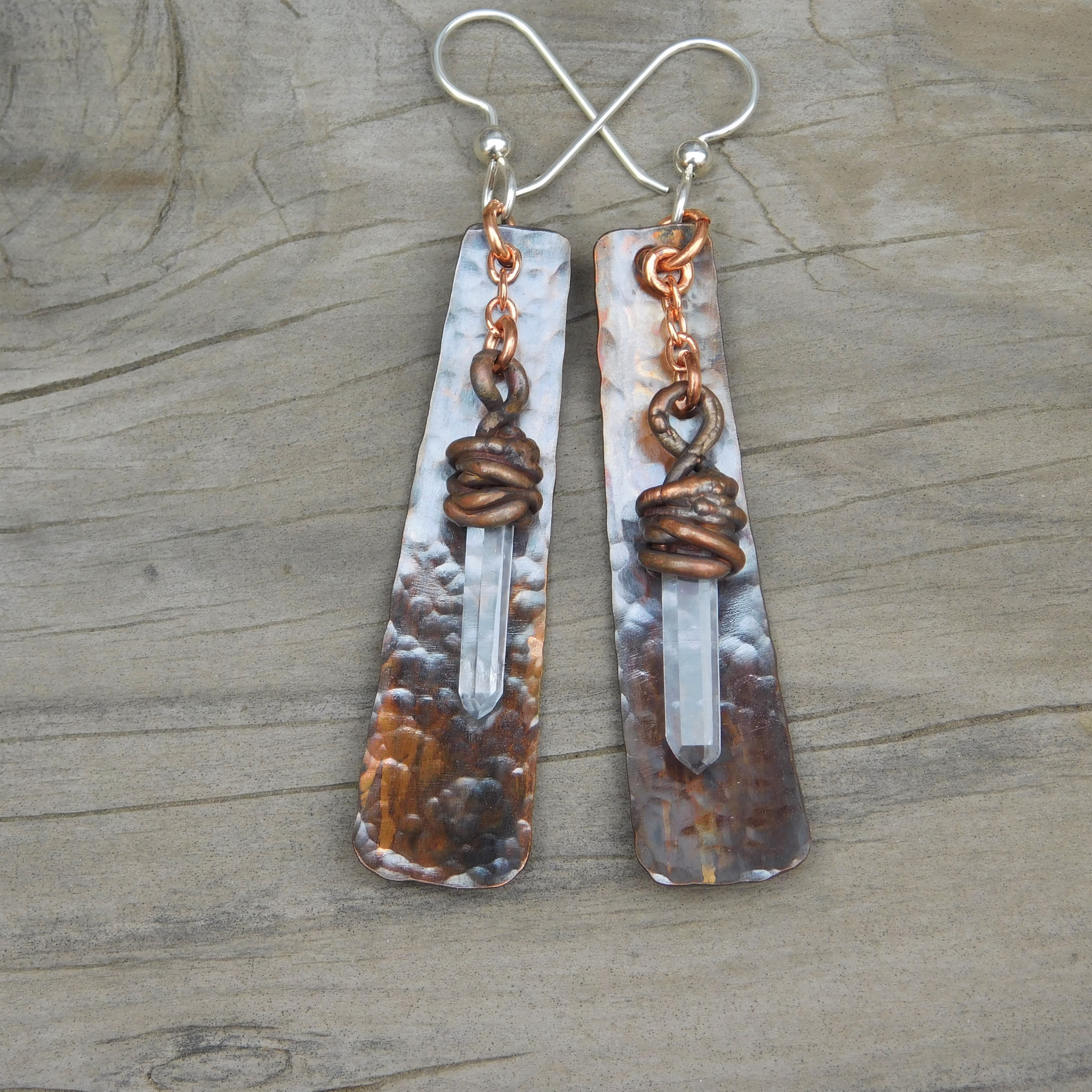 Red Copper Copper Electroformed Quartz Crystal Point Pendant Hand Made Copper Chain Patina