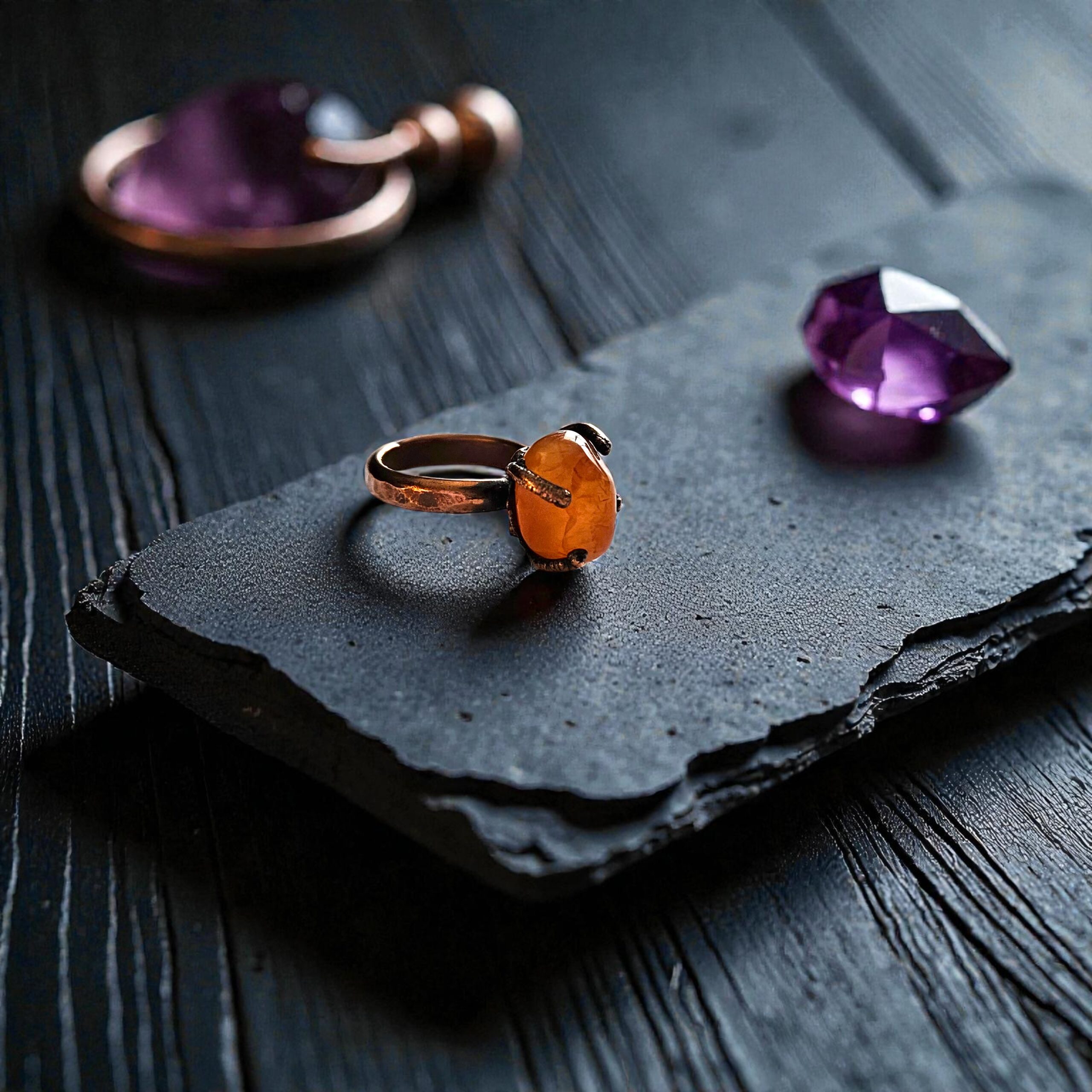 Detailed view of the organic, unearthed texture of the electroformed copper band and setting.