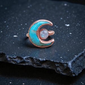 Kingman Turquoise crescent moon ring with moonstone full moon set in copper