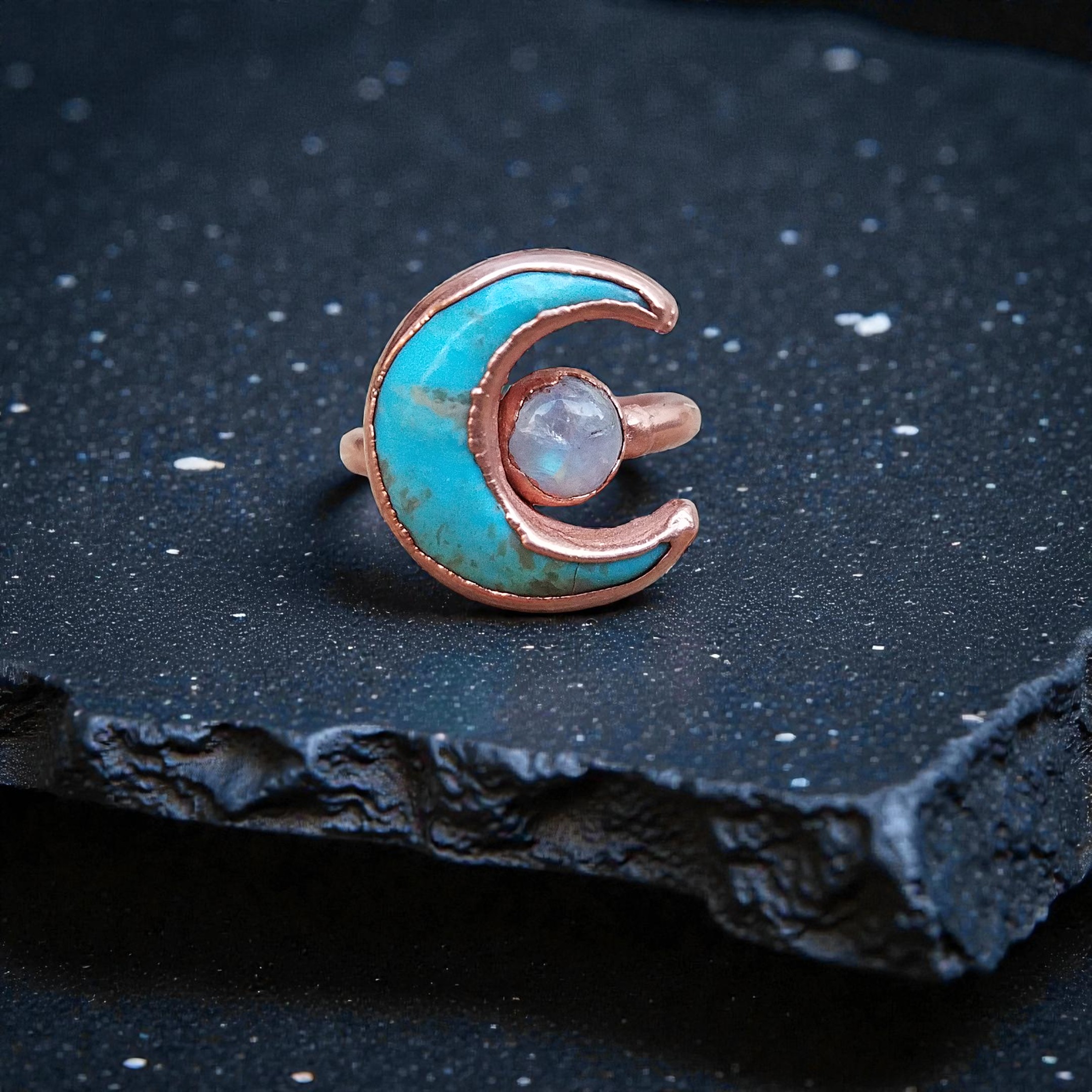 Kingman Turquoise crescent moon ring with moonstone full moon set in copper