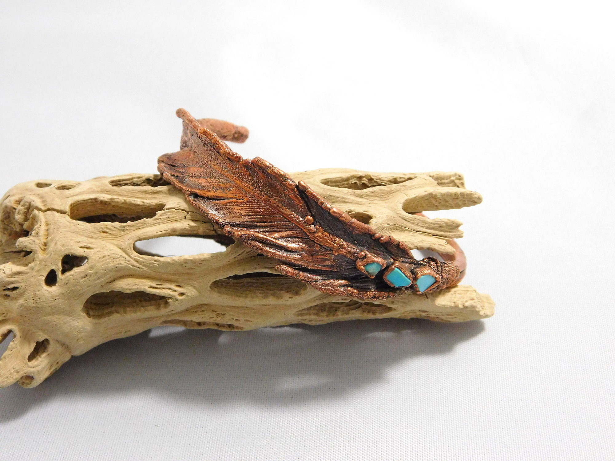 Electroformed Feather Cuff Bracelet with Turquoise