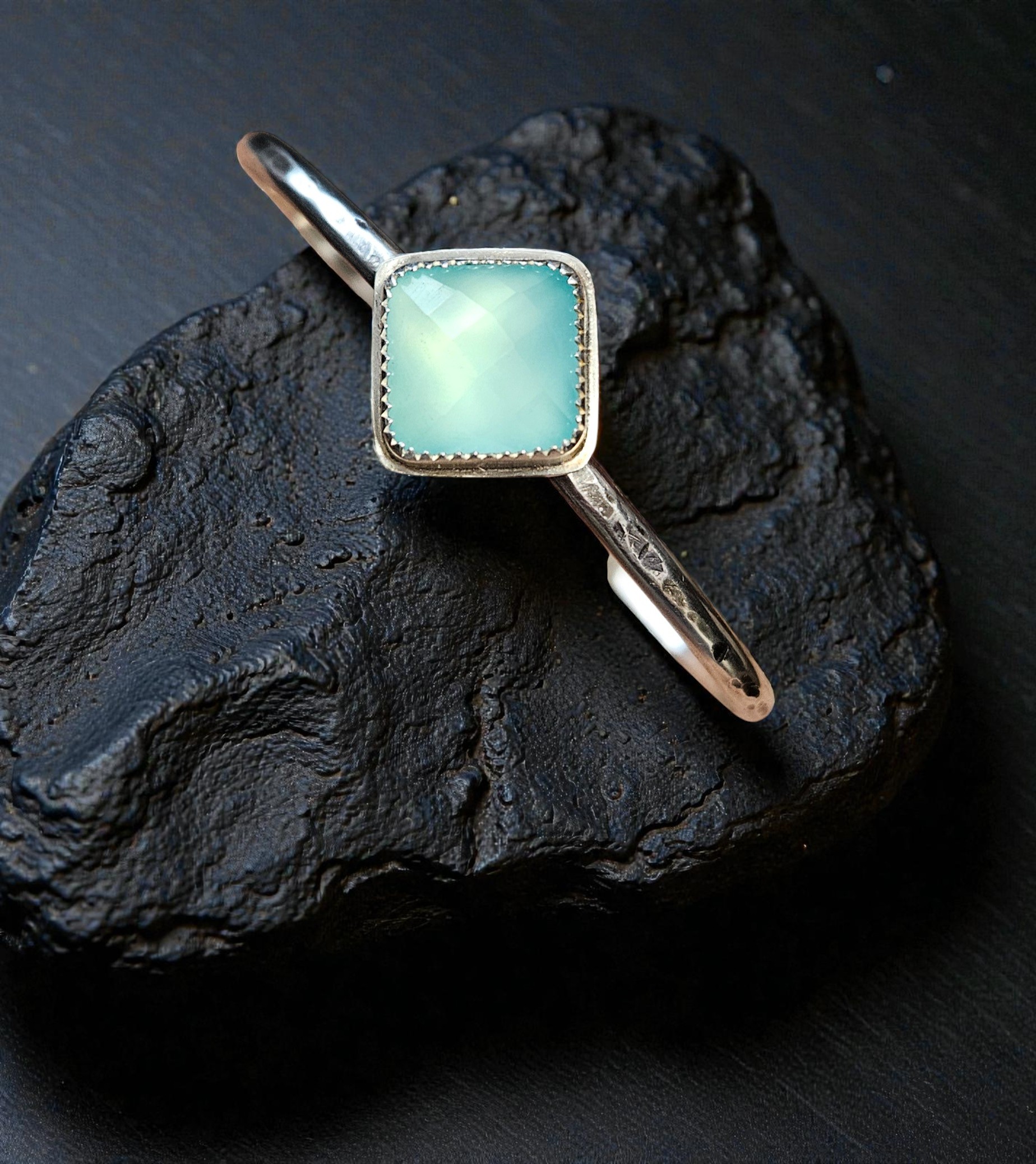 Sterling silver cuff bracelet with Blue Green Chalcedony cabochon.