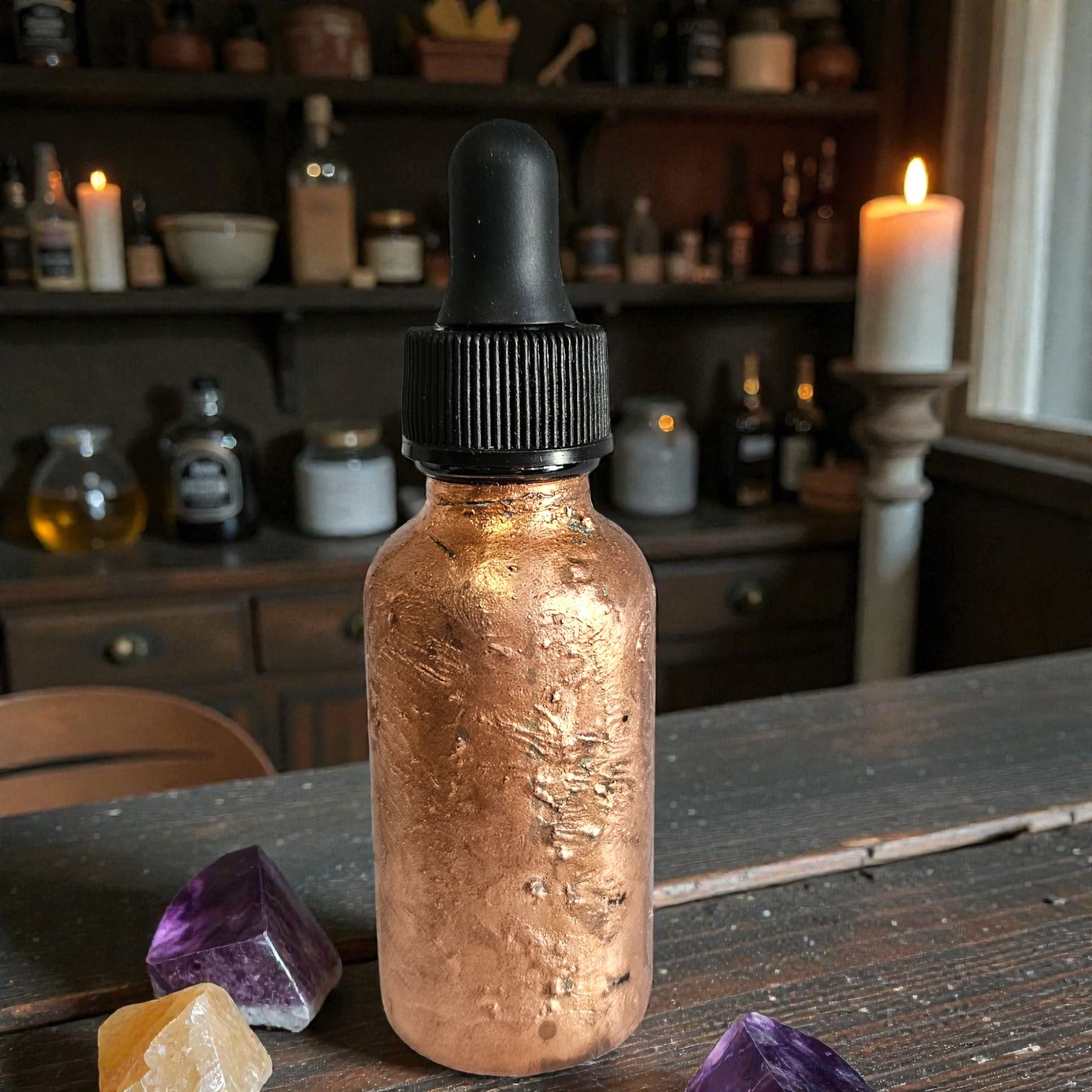 The back of the copper-clad bottle shown in an apothecary setting with candles and vintage jars, highlighting the artisan craftsmanship.