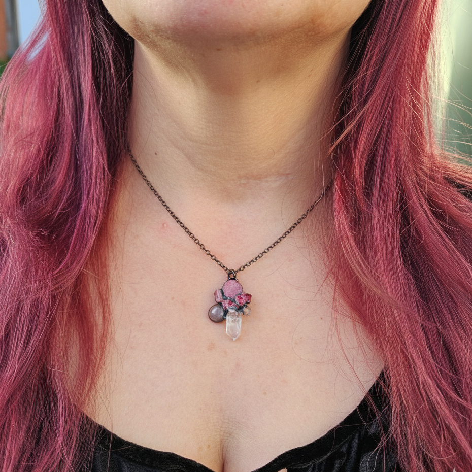 A close-up modeled shot of the Heart’s Assemblage pendant, a handcrafted electroformed relic featuring raw pink tourmaline, rhodochrosite, and a clear quartz point. The necklace is worn against the skin, showcasing its delicate scale and the rich, antiqued copper finish that anchors the heart-chakra stones.