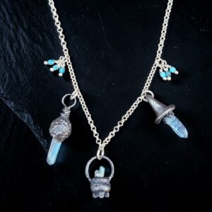 Sterling Silver and copper Charm Necklace featuring a cauldron with Aqua Aura quartz